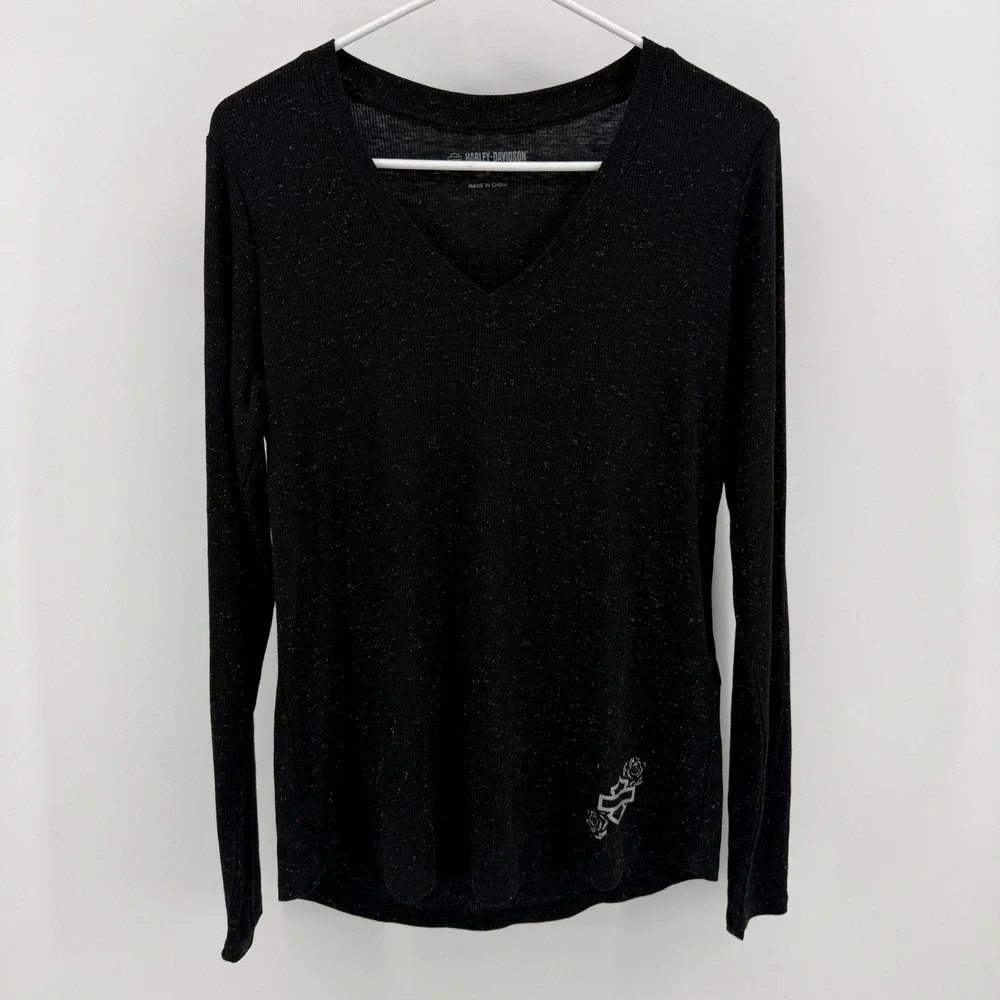 Harley-Davidson Womens Black Ribbed V-Neck Long Sleeve Top 96461-23VW Small - Picture 4 of 10